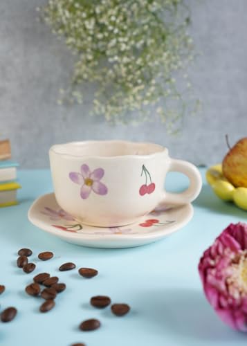 Image of WEAVING HOMES Handcrafted Ceramic Mug & Dessert Plate to Gift to Best Friend and Love Microwave Safe Cherry Fields Mug & Dessert Plate Set (Set of 2, Multicolor)