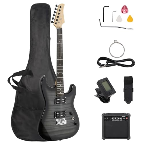 LALAHO Solid Body Electric Guitar, 39 Inch H-H Pickups Electric Guitar Kit with 20W Guitar Amplifier, Bag, Tuner for Beginners & Professionals, Black