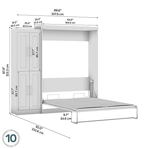 Bestar Pur Queen Murphy Bed with Closet Organizer, White 90-inch Space-Saving Sleeping Arrangement for Multipurpose Room with Wardrobe Cabinet