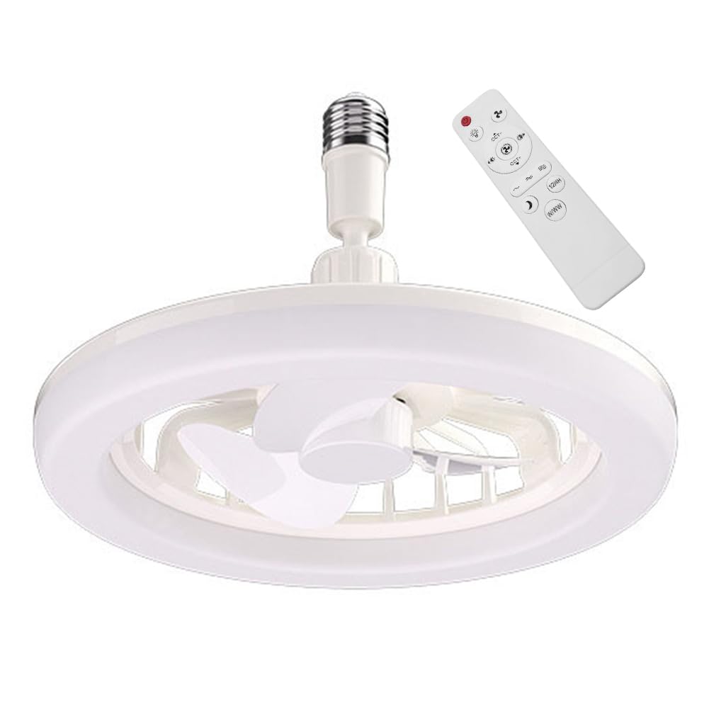 Led Ceiling Fan Light with Remote | Plug in Socket Ceiling Fan Light | 3 Speed Timing Dimmable Led Light Bulb Fan | E27 30w Silent Screw in Lamp Fans for Bedroom Home Office