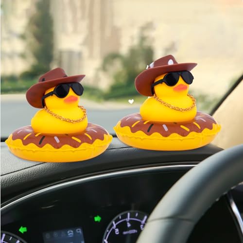 Image of wonuu Car Rubber Duck, Yellow Duck Decoration Dashboard with Sun Hat Swim Ring Necklace Sunglasses for Car Dashboard Decorations, White Spots Brown Cowboy Hat-Brown Donut