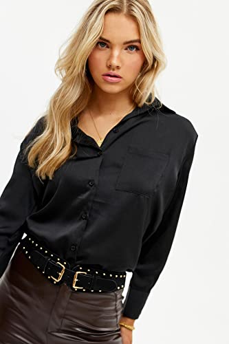 Pausus Women's Black Silk Shirt Long Sleeve V Neck Button Down Blouse Work Tunic Top With Pocket（Black,M） #TOP1