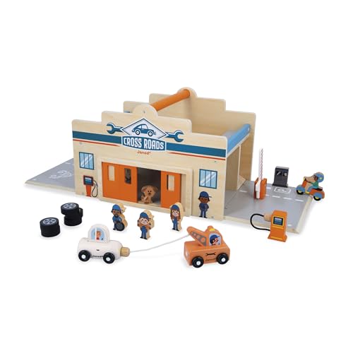 Janod - Mon Premier Garage Voitures en Bois Enfant 2 Ans et Plus - 2 Niveaux, Atelier Mécanique + Lavage Auto - 15 Accessoires Inclus - Dès 2 Ans