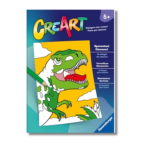 Ravensburger - CreArt: Libro da Colorare, Spaventosi Dinosauri, Bambini 5 anni, dipingere con i numeri, giochi educativi e di viaggio