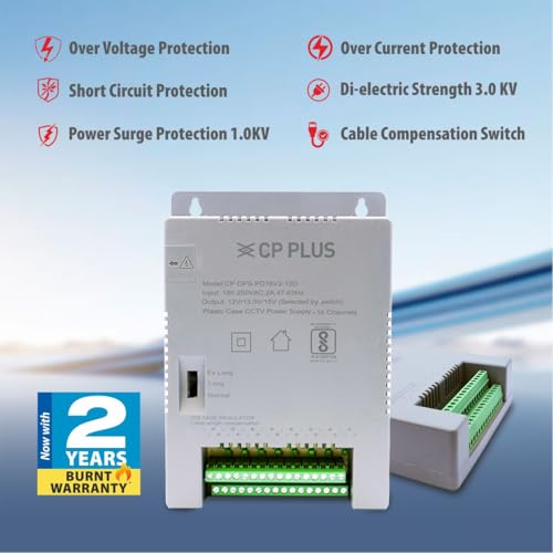 Image of CP PLUS 16 Channel CCTV Power Supply SMPS | 12V 8A High Efficiency Adapter with LED Indicators | EMI Filter | Overload & Short Circuit Protection for Dome, Bullet & PTZ Cameras |CP-DPS-PD16V2-12D