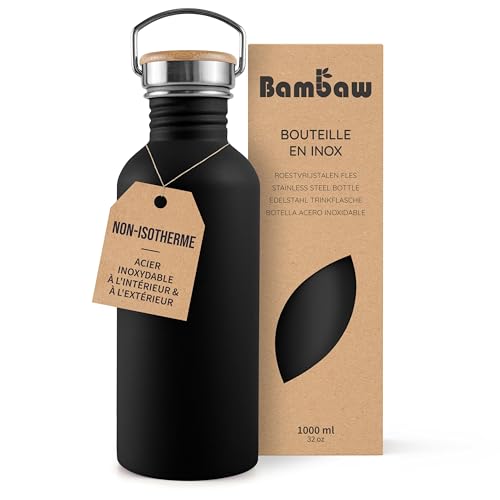 Bambaw Bouteille d'eau en acier inoxydable - Sport noire - Non isolée - 1 l - Réutilisable - Métal - Sans BPA - Noir onyx