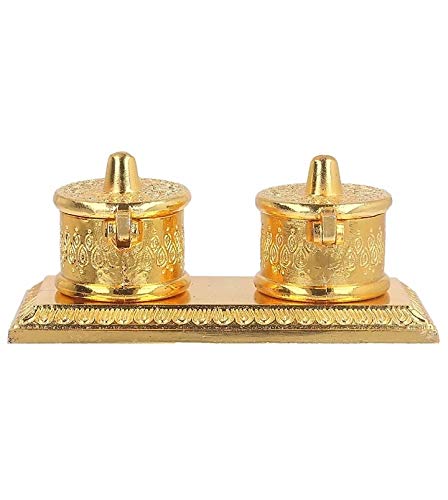 LABHCART Metal Golden Finish Chandan Roli Box Double Kumkum Dani Pooja Purpose (Set of 1) thumbnail 3