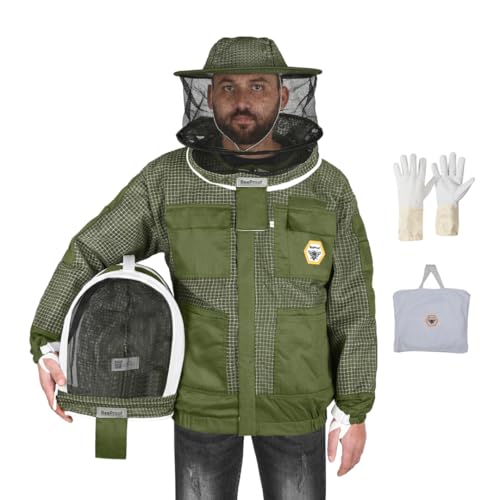 Bee Proof Beekeeping Jacket with Veil 3-Layer Ultra Ventilated 2 Veil Options (Fencing & Round) YKK Zippers Full Protection Suit Carrying Bag (BP-302-Green)-3XL