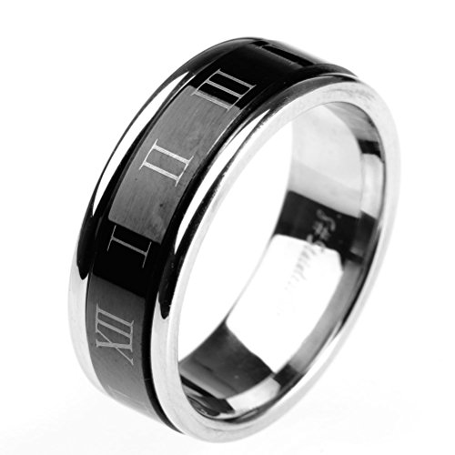 HIJONES Chiffres Romains Fileur Bague De Chance pour Homme en Acier Inoxydable Noir Argent Taille 54
