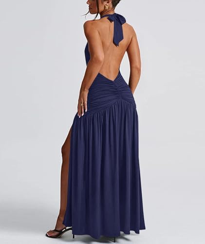 Image of Ekaliy Women's Sexy Halter Deep V Neck Maxi Dress Sleeveless Backless High Slit Ruched Long Dress Summer Party Cocktail Dress