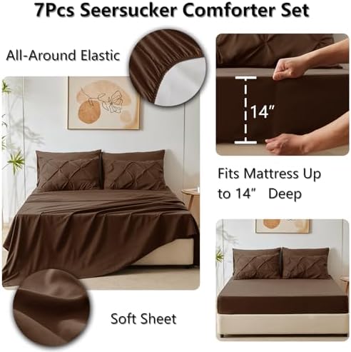 CozyLux King Size Comforter Set Brown, 7 Pieces Pintuck Bed in A Bag Brown Comforter King Size, Pinch Pleat Bedding Set with All Season Comforter, Sheets, Pillowcases & Shams
