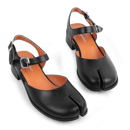 Black Split Toe Pumps For Women Tabi Flat Sandals With Buckle Strap Fashion Slingback Falts Comfortable Chunky Heel Dress Shoes For Casual Office Walking