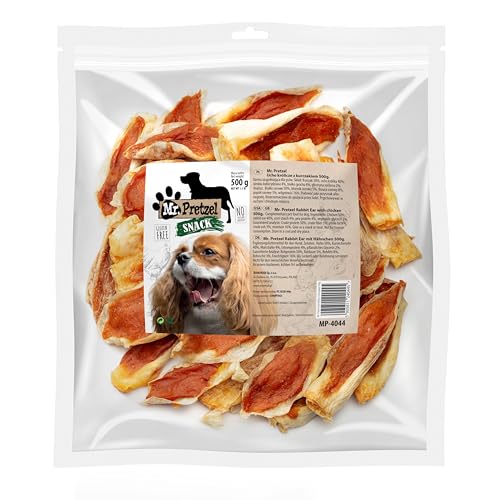 Mr. Pretzel Bocadillo para perros de 500 g, orejas de conejo con pollo, pechuga de pollo rica en proteínas y sin cereales, hipoalergénica, diversión para masticar saludable y cuidado dental