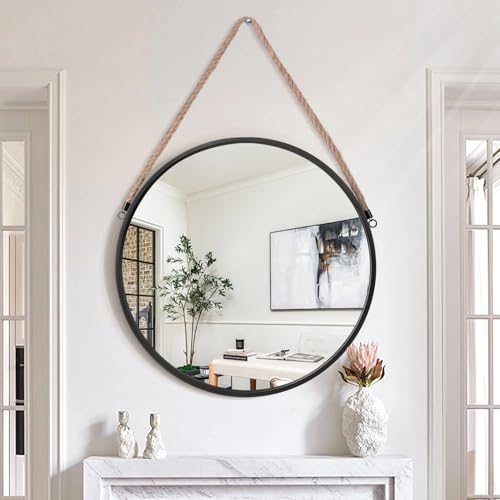 Lzuso Espejo colgante redondo de metal negro con marco de metal, espejos de pared con cuerda, moderno para baño, dormitorio, sala de estar, entrada, decoración del hogar, 70 x 70 cm