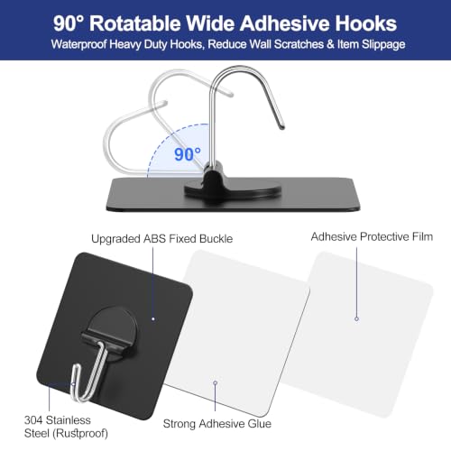 Image of Adhesive Wall Hooks No Drill Black Heavy Duty, 13LB Sticky 12 Pack | Waterproof Black Sticky Hooks for Hanging, 13 lbs Max Load No Damage,Ideal for Towel,Coat,Bathroom,Kitchen,Home