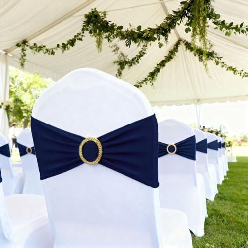 Image of 50 Pack Navy Blue Chair Sashes with Gold Buckle Slider, Spandex Dark Blue Bands Bows for Folding Chairs Gender Reveal Banquet Decor