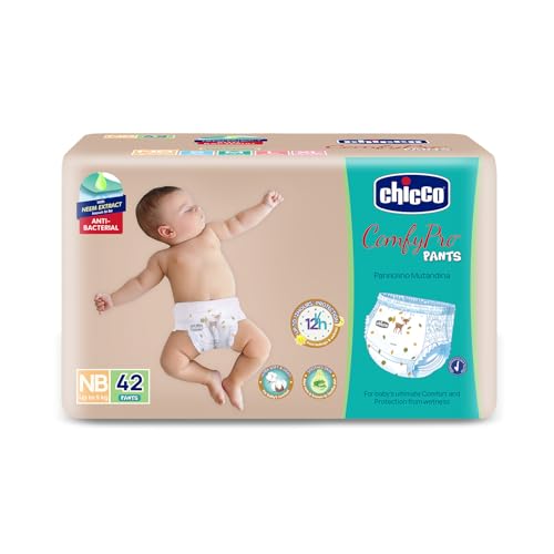 Image of Chicco Comfy-Pro Pant Style Baby Diapers | Anti-bacterial benefits | Ultra Soft & 12hrs protection | Wetness indicator & Disposing Tapes - New Born, 42 Count, Upto 5kg