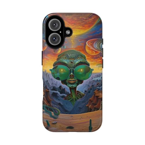 Coque iPhone 16 alien vert paysage psychédélique rigide brillante