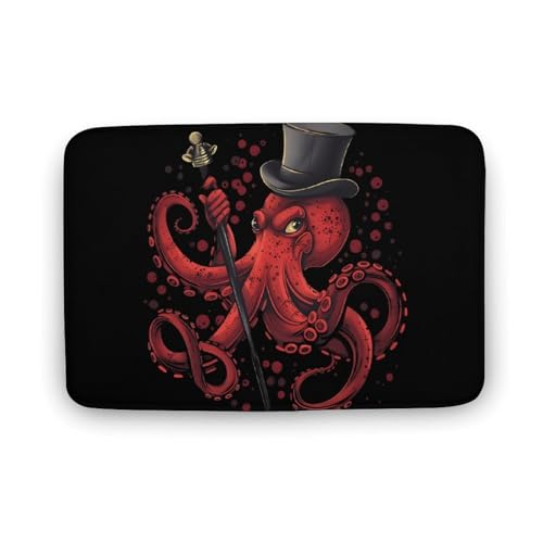 Tappetino da cucina con stampa di polpo con cappello a cilindro e canna, lavabile, tappetino da doccia, tappeto per bagno, soggiorno, 50,6 x 40,6 cm, 80,8 x 50,8 cm