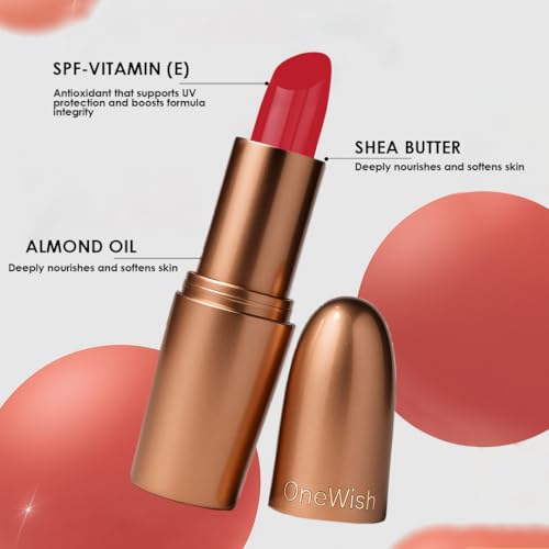 Image of One Wish Creamy Matte Lipstick Long Lasting for Women - Baddie Red Shade 17 | Full Coverage | Creamy Formula | No Flaky Lips | No Dryness| High-Pigment | SPF | Vitamin E, Almond Oil & Shea Butter for Moisturising Lip | 8 Hrs Lasting | Smooth Finish | 3.8 gm