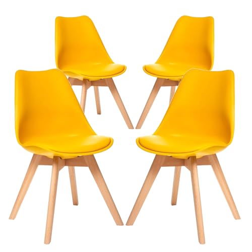 4 Chaises Tulipes Salle à Manger Scandinaves BM Home Salle de Bureau, Pieds en Bois de Hêtre Massif, Colorie Jaune