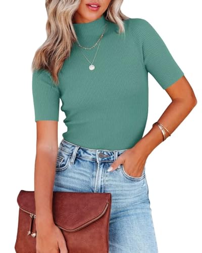 Image of Lacozy Women Casual Short Sleeve Shirt Basic Mock Neck Top Slim Fit Ribbed Knit Pullover Sweater