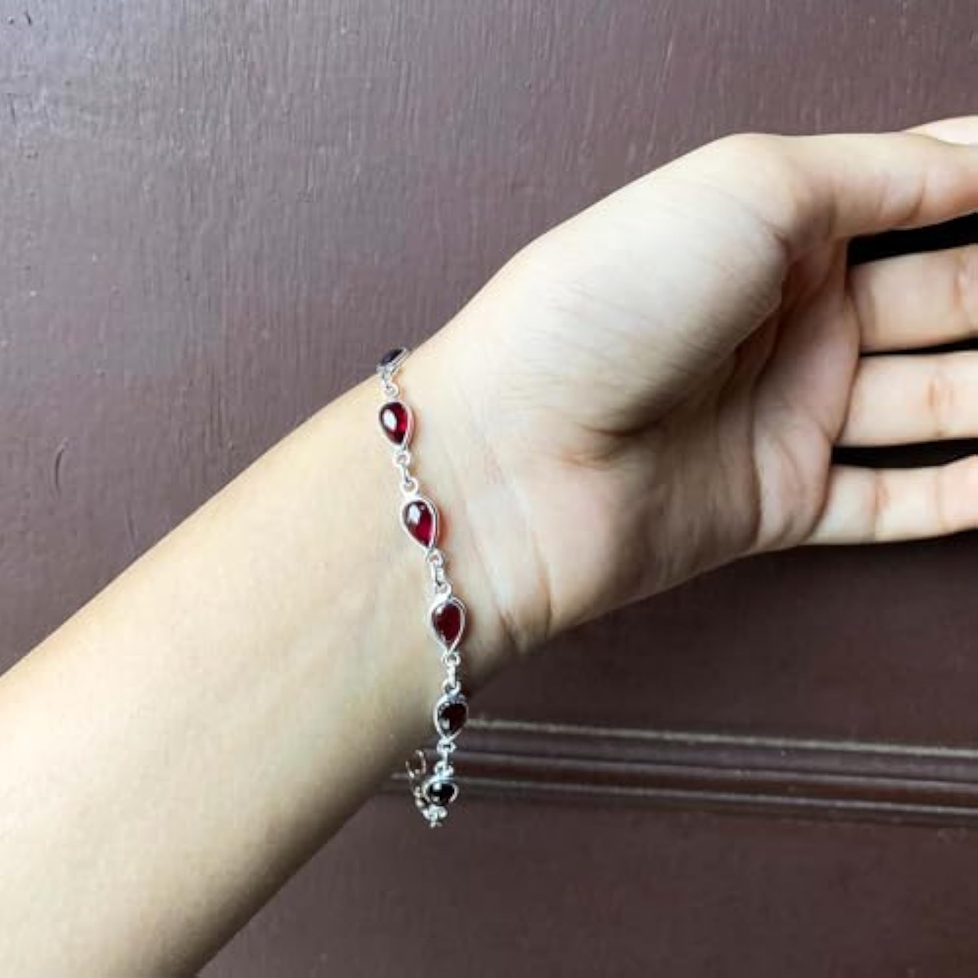 Women's 925 Sterling Silver Natural Pear Garnet Adjustable Bracelet
