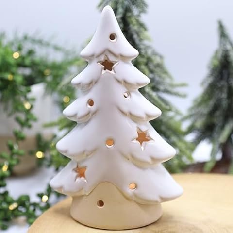 Beige Ceramic Tree Tealight Holder with Stars Cover
