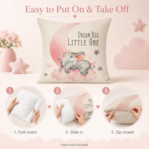 Image of Dream Big Little One Baby Elephant Throw Pillow Cover 20x20 Inch | Watercolor Pink Moon Stars Nursery Decor, Cotton Linen Cushion Case for Baby Girl Room Bedroom Sofa Rocking Chair