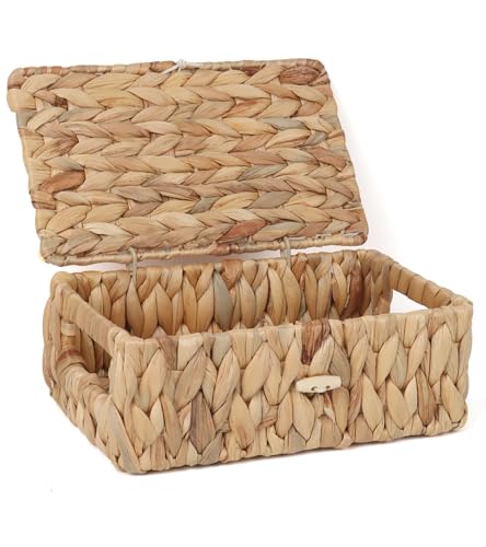 FEIALNDUO Cestas de Estante de Mimbre con Tapa, Cestas de Almacenamiento de Hierba de Mar Tipo Hamper Cajas Rectangulares para Organizador de Escritorio del Hogar (Natural, Extra Pequeño)