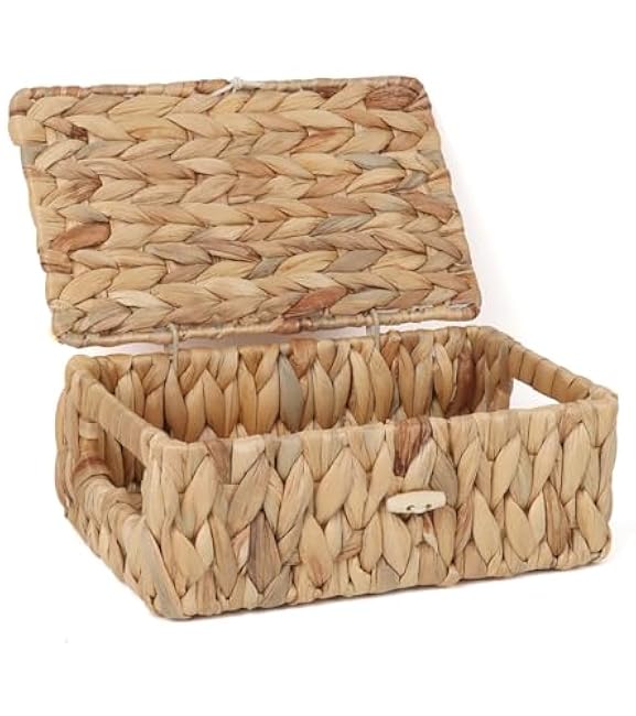 Wicker Shelf Baskets with Lid, Rectangular Storage Basket Bins with Handles Handwoven Home Desk Organizer Decor Boxes (Natural, X-Small)