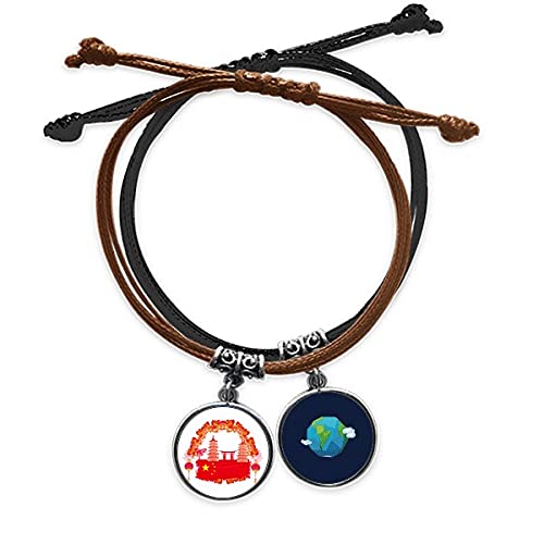 Pulsera de China con bandera nacional y cuerda roja de cuero trenzado ajustable