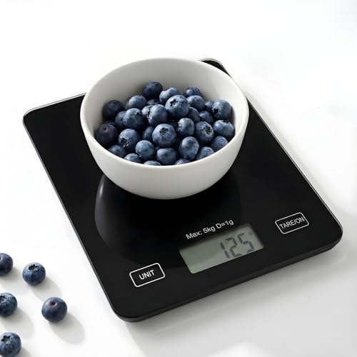 Báscula de cocina digital 1g–5kg con función TARA, cristal negro templado, pantalla LCD clara, controles táctiles y base antideslizante para repostería y peso de cocina preciso