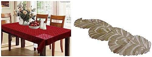 Image of Kuber Industries Rectangular Dining Table Cover 6 Seater|Table Cover Cotton (Maroon) & Kuber Industries Table Runner|Leaf Design & Soft Leather Material|Size 92 x 32 CM (Gold)