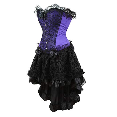 Grebrafan Classic Lace Overlay Slimming Corsets with Fluffy Pleated Layered Tutu Skirt (US(6-8) M, Purple)