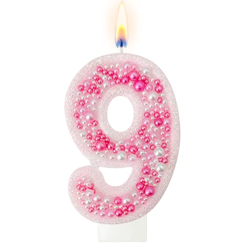 AEYSYU Pink Pearl Number 9 Cake Decoration for Milestone Celebration, Glitter Pink Number Decor with Beaded Dessert Accent for Photo Cake Display