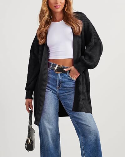 Jhsnjnr Womens Oversized Knit Cardigan Coat Long Lantern Sleeve Open Front Sweater Chunky Knitwear Black - Image 3