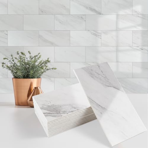 StyloVue 100 Pieces Peel and Stick Backsplash for Kitchen, 3" x 6" PVC Subway Tile, 2026 Upgraded Sparkle White Marble, Stick on Wall Tile for Kitchen, Bathroom, Fireplace, RV