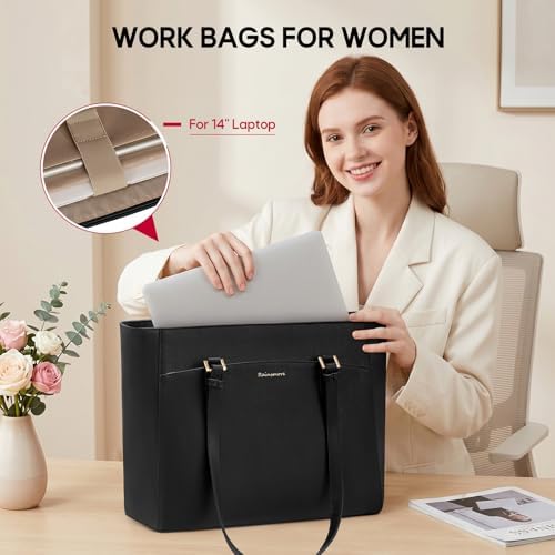 RAINSMORE Women's Large Business Shopper Bag, Waterproof PU Leather 14 Inch Laptop Bag, Lightweight Work Bag, Briefcase for Everyday, Shopping, University and Office