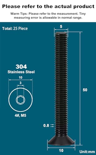 Drenky Black Socket Countersunk Screws M5 X 50mm 304 Stainless Steel Hex Socket Countersunk Bolts DIN 7991 / ISO 10642 Machine Screws Rustproof Flat Head Hex Socket Cap Screws (Pack of 25) - Image 2