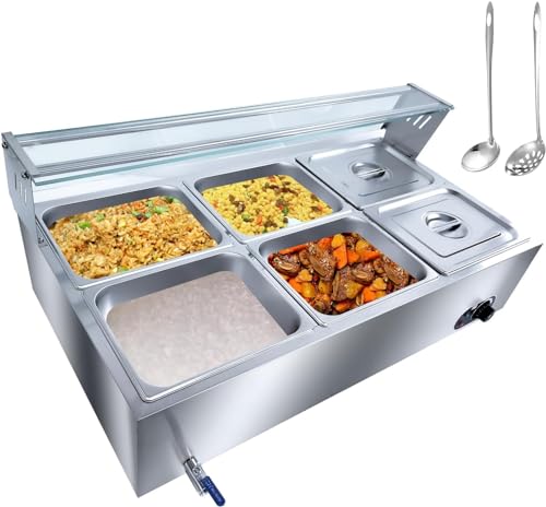 6-Pan Commercial Food Warmer, 72 Qt Electric Steam Table,Stainless Steel Electric Bain Marie with Tempered Glass Shield,Buffet Warmer for Catering, Restaurants, Cafeterias by IDEALHOUSE - Used condition - US$244.26
