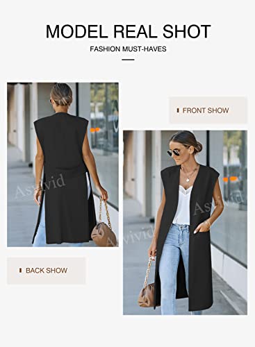Asvivid Women's Long Vest Jacket Casual Sleeveless Pocket Office Blazer Outerwear Black L #TOP4