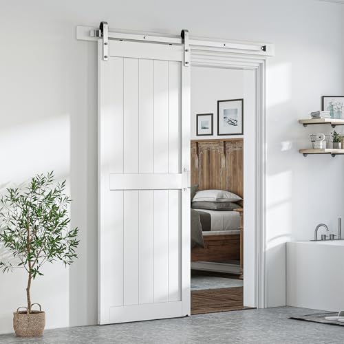 SmartStandard 36 x 84 inch White Sliding MDF Barn Door with 6.6FT Brushed Nickel Sliding Door Hardware Kit & Handle, Pre-Drilled Ready to Assemble, Waterproof PVC Coating, H-Frame