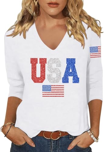 Scgirl Womens 3/4 V Neck Sleeve American Flag Shirts 4th of July Summer Shirts Graphic Tops (L,26310SC3 White)