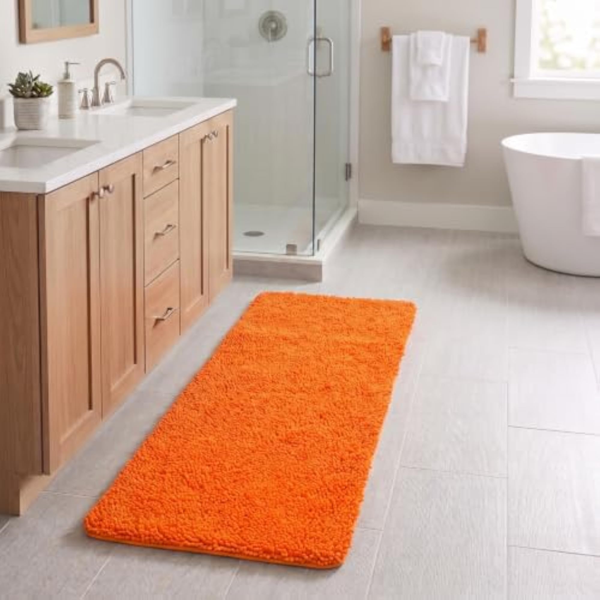 Memory Foam Shag Bath Mat, Orange, 24x58