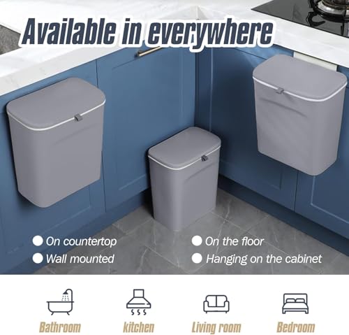 Image of 10 L Kitchen Compost Bin for Counter Top or Under Sink, Hanging Small Trash Can with Lid for Cupboard /Bathroom /Bedroom /Office /Camping, Mountable Indoor Compost Bucket (Grey)