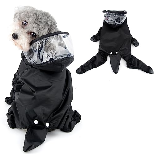 Ranphy Leuke puppy hond regenjas vierbenig waterdicht all-inclusive met hoed regenjas kleine honden solide huisdier poncho kleding, zwart, XXL