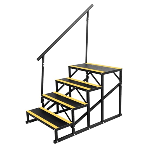 Image of 4 Step Folding Stairs with Adjustable Handrail, Heavy Duty Portable Steps for RV, Hot Tub, Pool, Mobile Home, Non-Slip Treads