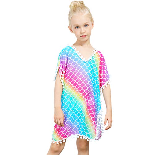 Nidoul Kid Girls Chiffon Unicorn Rainbow Cover-up Beach Swimsuit Coverup Pompom Tassel