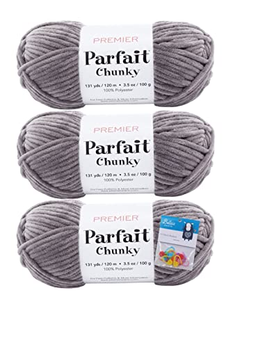 Premier Yarns Parfait Chunky Chenille Yarn 3.5 Oz 6 Super Bulky Weight 3 Pack Bundle with Bellas Stitch Place Holders (Seal)